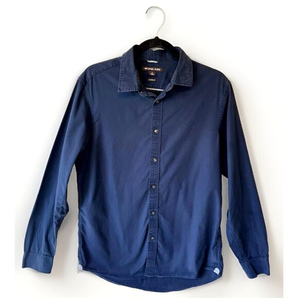 Michael Kors Mens‎ Dress Shirt Medium Navy Tailored Fit Cotton Button Up Logo - Picture 1 of 12